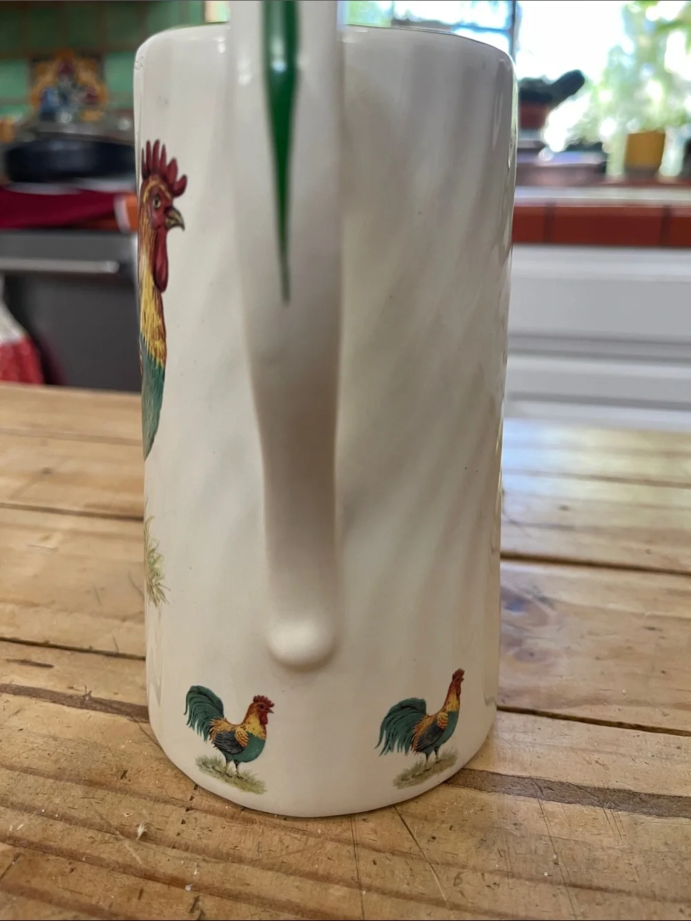 Ceramic Rooster Pitcher - White with Multicolor Farmhouse Design